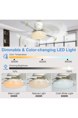 Boatshop1 Fıbrave Akıllı Led Tavan Fanı Çok Renkli 40w 52.07cm 3 Ayarlı Mod Uzaktan Kumanda Sessiz Çalışma E27 Taban Beyaz Yeşil Işık Göstergesi