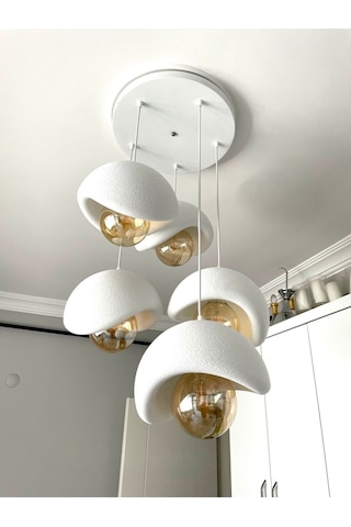 Modern 5'li Avize Beton Dokulu - Salon Ve Oturma Odası İçin Şık Tasarım Rustik Ampul Hediyeli Beyaz