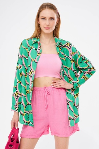 Armonika Kadın Yeşil Desenli Oversize Uzun Basic Gömlek Arm-22y001148