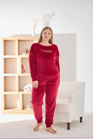 Pijamoni Kadın Yumuşak Kadife Bisiklet Yaka Vişne Pijama Takımı Vişne