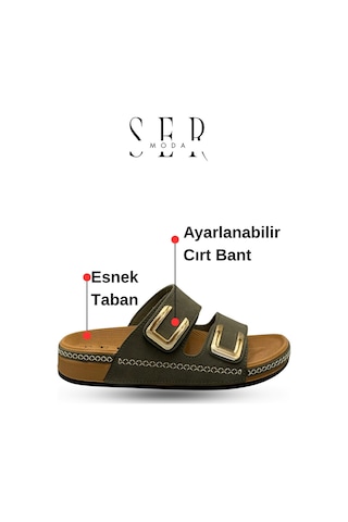 Sermoda Kadın Terlik - Cırtlı Bantlı Rahat Kalın Tabanlı Deri Etnik Desen Kadın Terlik Haki