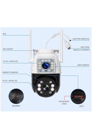 Qr Pro 3012 Wi-fi Ptz İki Kameralı 360 İç Ve Dış Mekan Akıllı Kamera 5mp Adaptör Dahildir.