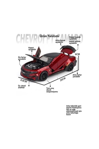 Işıklı Sesli Pilli 1:24 Ölçekli Metal Chevrolet Camaro Kapısı Kaputu Ve Bagajı Açılan Model Araba Kırmızı