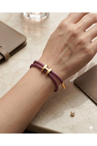 Unisex H Model Gold Renk Çelik Detay Eflatun İp Bileklik Mor