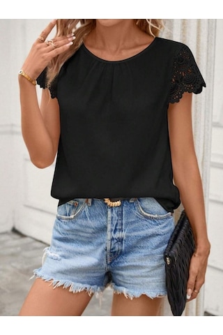 Munn Collection Kadın Kısa Dantel Kollu Bisiklet Yaka Sandy Bluz Siyah