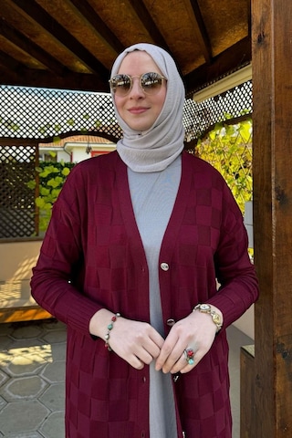 Rabia Şamlı Dama Desenli Triko Hırka Bordo Normal