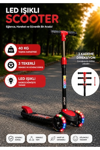 Scooter Yeni Swing 3tekerli Led Işıklı 40kğ Kapasiteli 3 Yaş Uygun Kırmızı