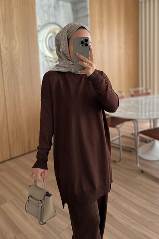 Ka Hijab Işıltılı Merserize Takım - Kahverengi