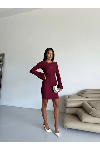 Kazax Prenses Kol Esnek Kumaş Elbise Bordo F2334 Bordo