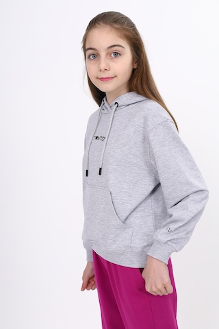 Toontoy Kız Çocuk Oversize Kapüşonlu Cepli Düşük Omuz Baskılı Sweatshirt - 2 İplik Gri