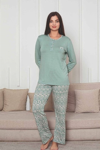 Kadın Etnik Desen 3 Düğmeli Likralı Viskon Mevsimlik Uzun Kol Pijama Takımı SU YEŞİLİ