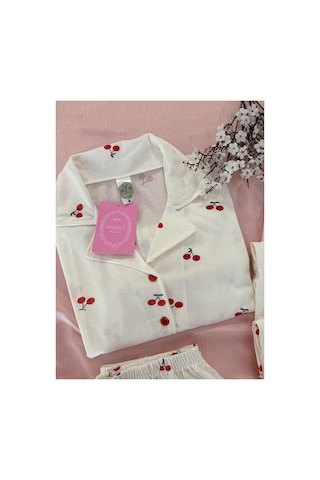 Mh Moony Homewears Beyaz Mh Cherry 3'lü Pamuklu Pijama Takımı Krem