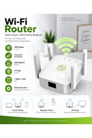 300 Mbps 4 Antenli Wi-fi Sinyal Güçlendirici & Router Beyaz