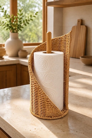 Dekoratif Rattan Kağıt Havluluk Standı Bambu Direkli Mutfak Kağıt Havlu Tutacağı