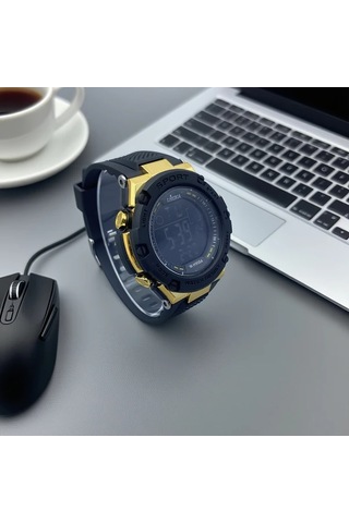 Primepickings Siyah Altın Erkek Spor Dijital Alarmlı Su Geçirmez Lüminesant Kadranlı Genç Saati Diğer