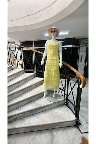 Italyan 2 Beden İnce Gösteren Kat Kat Sıfır Kol İpek Elbise-8769 Açık Sarı
