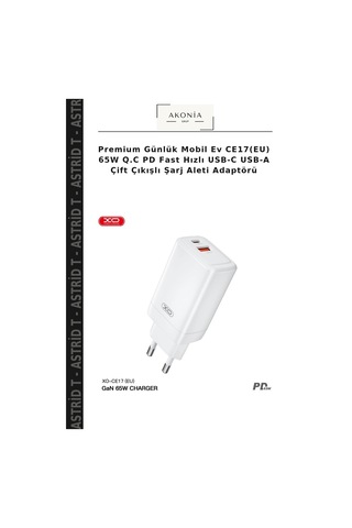 Premium Günlük Mobil Ev Ce17 Eu 65w Q.c Pd Fast Hızlı Usb-c Usb-a Çift Çıkışlı Şarj Aleti Adaptörü