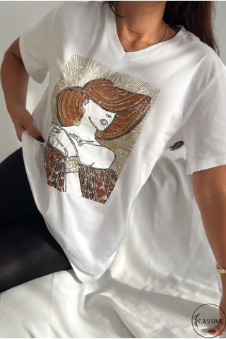 Cassime Kadın Beyaz Büyük Beden Şapkalı Kadın Pul Payet İşlemeli %100 Pamuk Tişört Xl-2xl-3xl