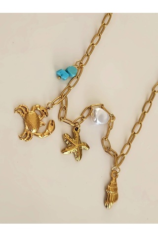 Yengeç İnci Firuze Taş Model Charmlı Yaz Beach Plaj Tatil Kolye 46cm Gold