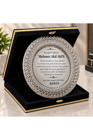 Kadife Kutulu Gümüş Metal Tabak Plaket Kişiye Özel Baskılı Ödül Hediye Plaketi Siyah