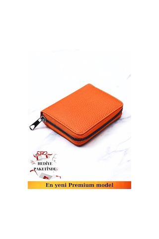 Unisex Vegan Deri Fermuarlı Turuncu Cüzdan Kartlık Ve Portföy Hediye Paketinde Turuncu