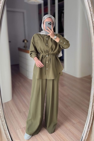 Ka Hijab Bağcıklı Bluz Pantolon Takım - Haki