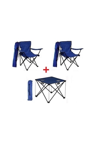 2 Adet Mavi / Lacivert Katlanır Kamp Sandalyesi 1 Adet Masa Piknik Çantalı Lacivert