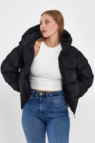 Alisse Kadın Siyah Kapüşonlu Şişme Mont Kaban Siyah