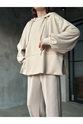 Kadın Oversize Fermuarlı Kapüşonlu Sweatshirt Pileli Paça Tesettüre Uygun Spor Şık Eşofman Takımı Bej