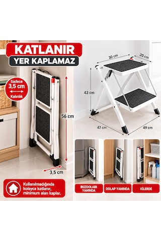 2 Basamaklı Katlanır Merdiven 150 Kg Taşıma Kapasiteli Kaymaz Geniş Basamaklı Yer Kaplamaz Beyaz