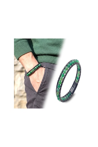 Moncuk Design 6mm Yeşil Akik Taşlı Deri Kordon Ve Çelik Bileklik 33512b2d6m6 Çok Renkli