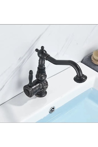 İsaoğlu Yapı Siyah Lavabo Bataryası İşlemeli Premium Tasarım Lavabo Musluğu Rustik Tasarım Banyo Bataryası Siyah Siyah