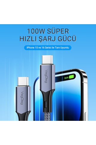 Veggieg 100w 5a E-mark Çipli Pd Type-c To Type-c Hızlı Şarj Ve Data Kablosu 2 Metre