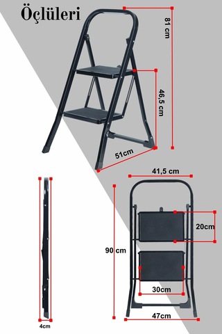 Minitower 2 Basamaklı Metal Merdiven - Ekstra Güçlü Siyah