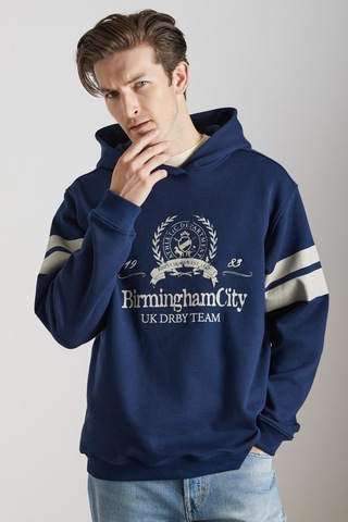 Grimelange Torrey Erkek Örme 3 Iplik Regular Fit Standart Kalıp Baskılı Kapüşonlu Lacivert Sweatshirt
