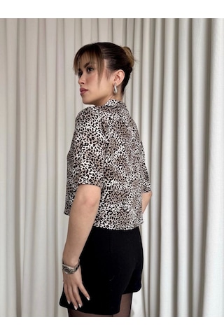Leopar Desenli Crop Gömlek Kahve