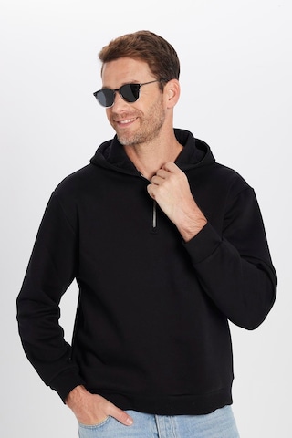 Tudors Unisex Relax Fit Rahat Kesim Pamuklu İçi Polarlı Yarım Fermuarlı Siyah Kapüşonlu Sweatshirt-32459 Siyah