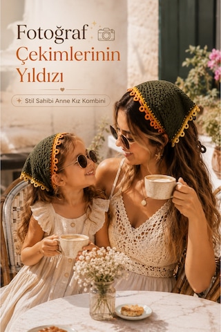 Anne Kız Kombin Bandana El Örgüsü Saç Bandı Bohem Stil Ayarlanabilir 2li Set Haki