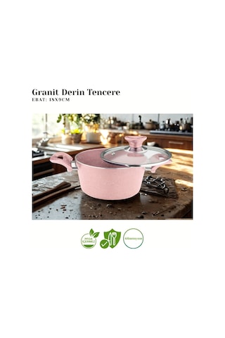 18 Cm Granit Derin Tencere Cam Kapak - Pembe Pembe