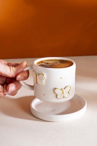 Rivaistanbul Gold Kelebek Amore El Yapımı Seramik Double Kahve Fincanı Mug Kupa Krem