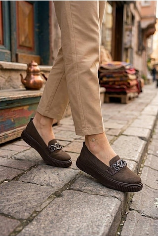 Fort Ventes 346417 Rahat Taş Toka Aksesuarlı Triko Loafer Kadın Ayakkabı Kahverengi