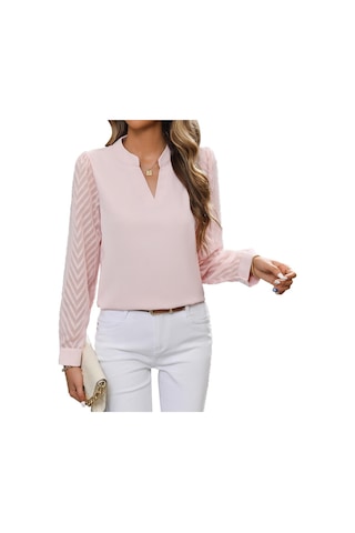 İlkbahar Ve Sonbahar Kadın Gömlek Bluz Moda Ekleme Düz Renk Bluz Uzun Kollu Üstler Pembe