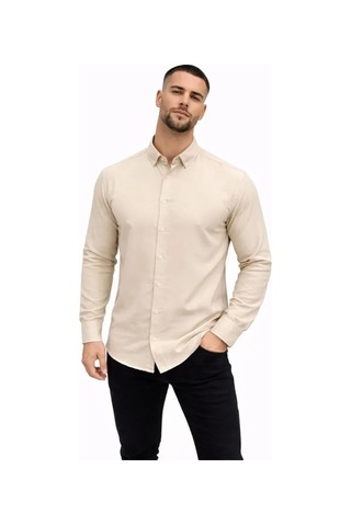 Etiler Collection Erkek Keten Kumaş Oversize Uzun Kollu Rahat Kalıp Gömlek - Bej