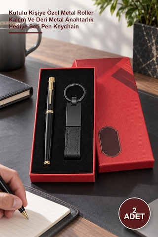 2 Adet Siyah Kalem Ve Anahtarlık Seti Kutulu Kişiye Özel Metal Roller Kalem Ve Deri Metal Anahtarlık Seti Pen Keychain