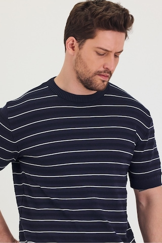 Tarz Cool Erkek Bisiklet Yaka Çizgi Detaylı Kısa Kollu Ince Triko T-shirt Lacivert