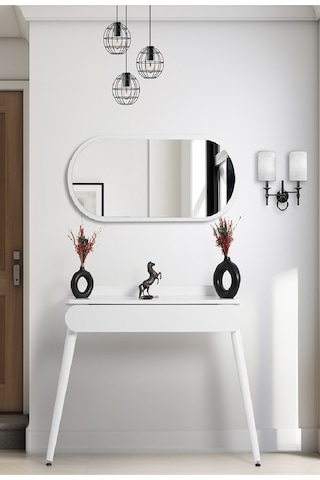 Flora Alize Beyaz Dresuar / Aynalı Dresuar / Çekmeceli Dresuar /antre Dresuar / 90x32 Cm Beyaz