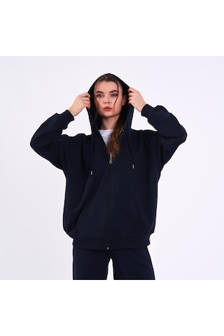 MMetalic Lacivert Kanguru Cepli Kapüşonlu Fermuarlı Oversize Kadın Sweatshirt Lacivert