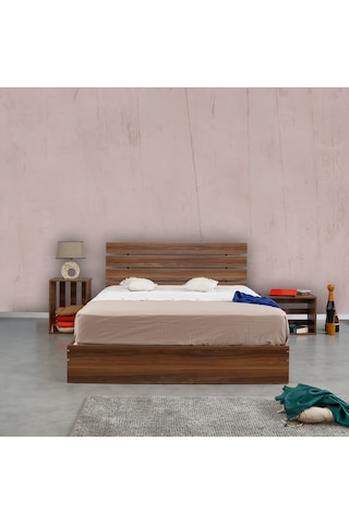 Pasifichome Huga Çift Kişilik Ahşap Karyola Komodin Takım Ceviz 140 Cm