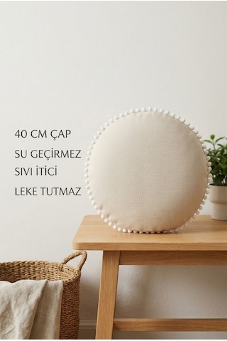 Yuvarlak Minder 40 Cm Ponponlu Dekoratif Oturma Minderi Su Geçirmez Sıvı İtici Leke Tutmaz Çok Renkli