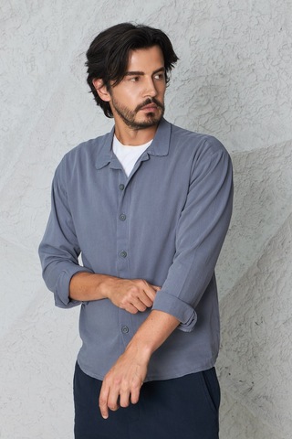 Blayn Jeans Erkek Uzun Kollu Keten Görünümlü Gömlek Oversize Kalıp Gri
